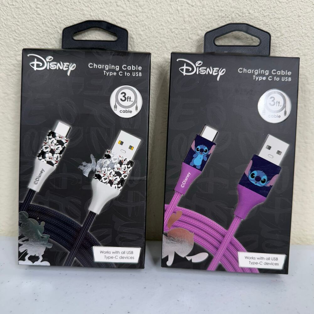 Disney Type C to USB 3 ft Charging Cable Mickey Mouse & Stitch NIB